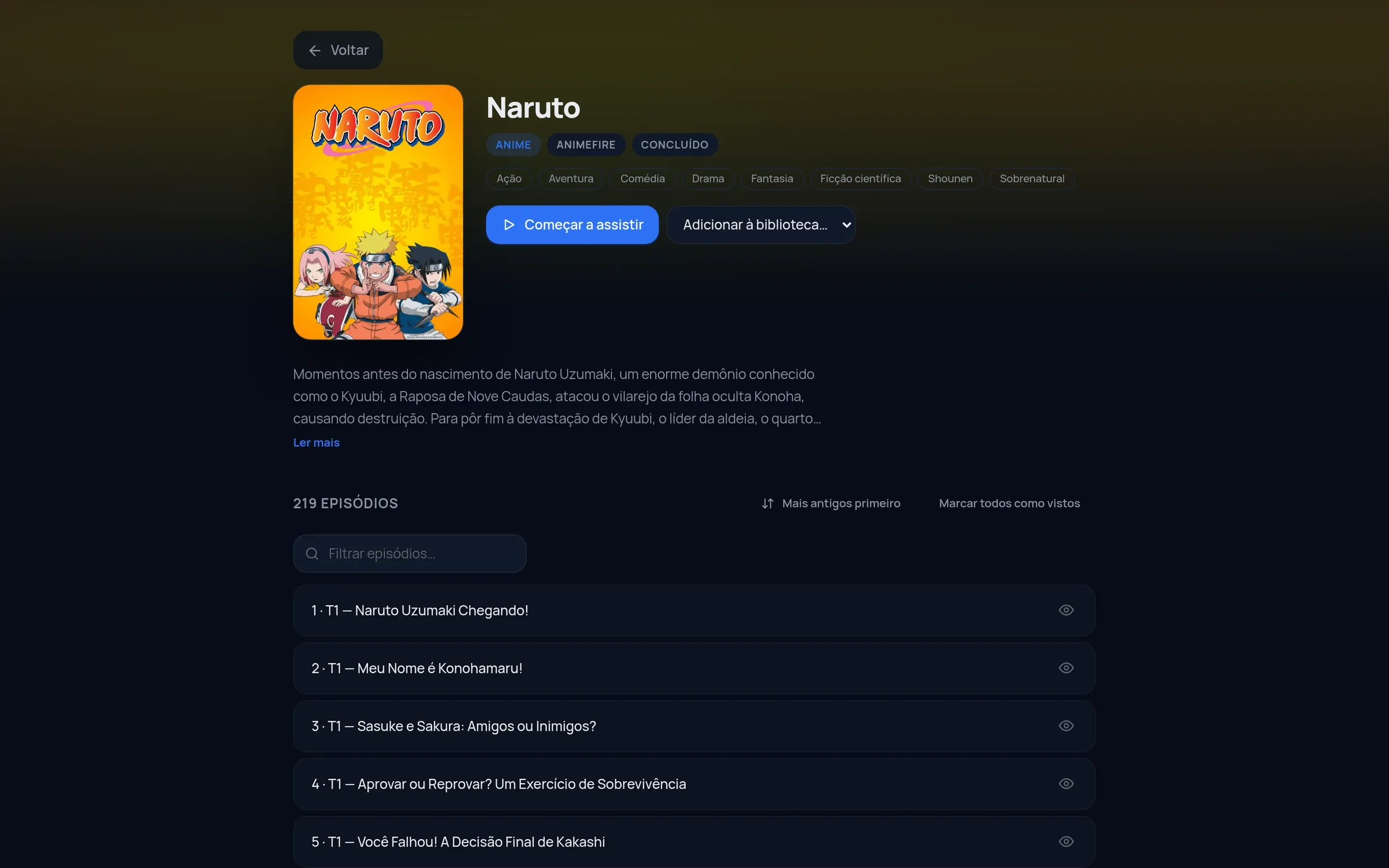 Anime page with the episode list