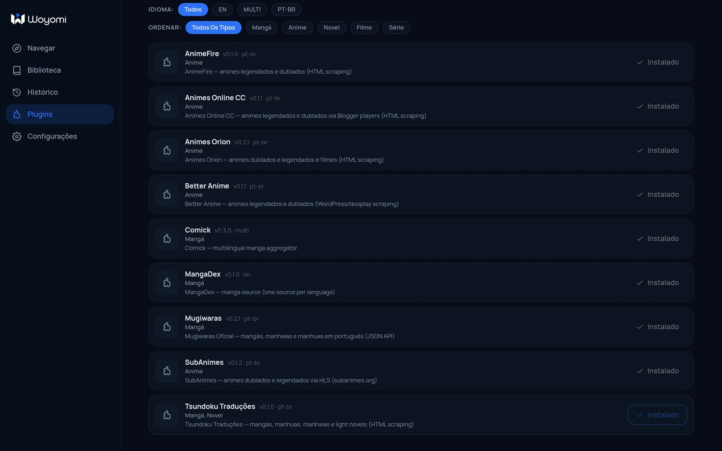 Installed sources on the plugins screen